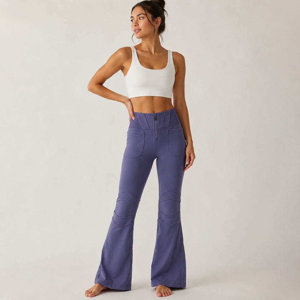 FP Movement High Rise‎ Flare Athleisure Pants Women S Purple Moto Front Zip Yoga